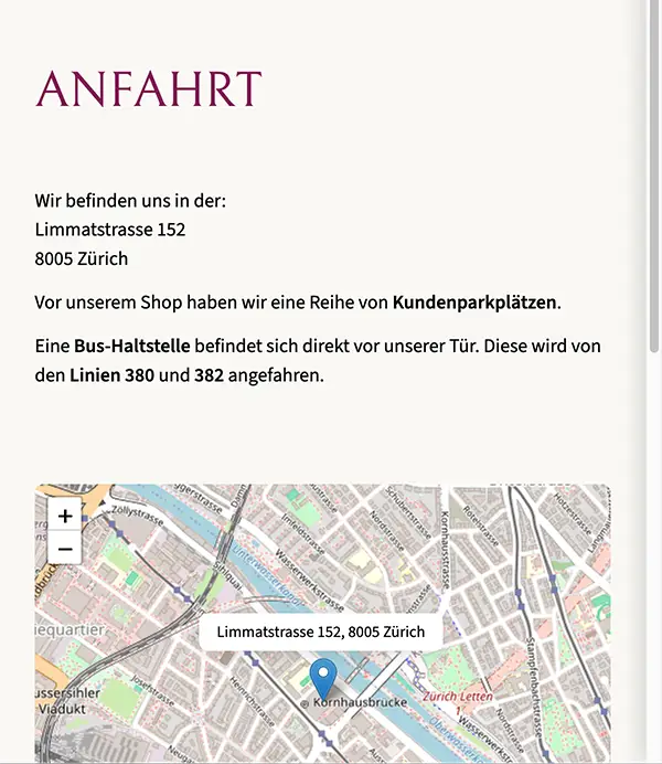 Directions page of a website built with Vemido, showing the address and an embedded map