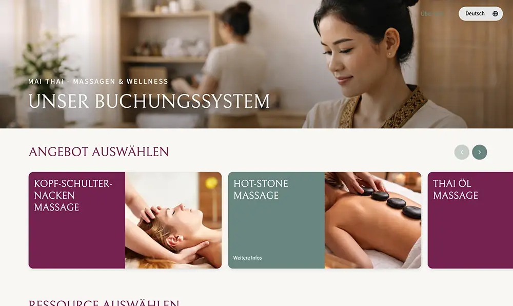 Screenshot of the model booking page for Mai-Thai Massage & Spa showing multilingual UI, offers and appointment selection