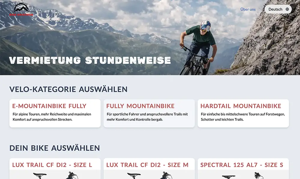 Screenshot of the model booking page for Grischun Ride mountain bike rental with day and hourly booking