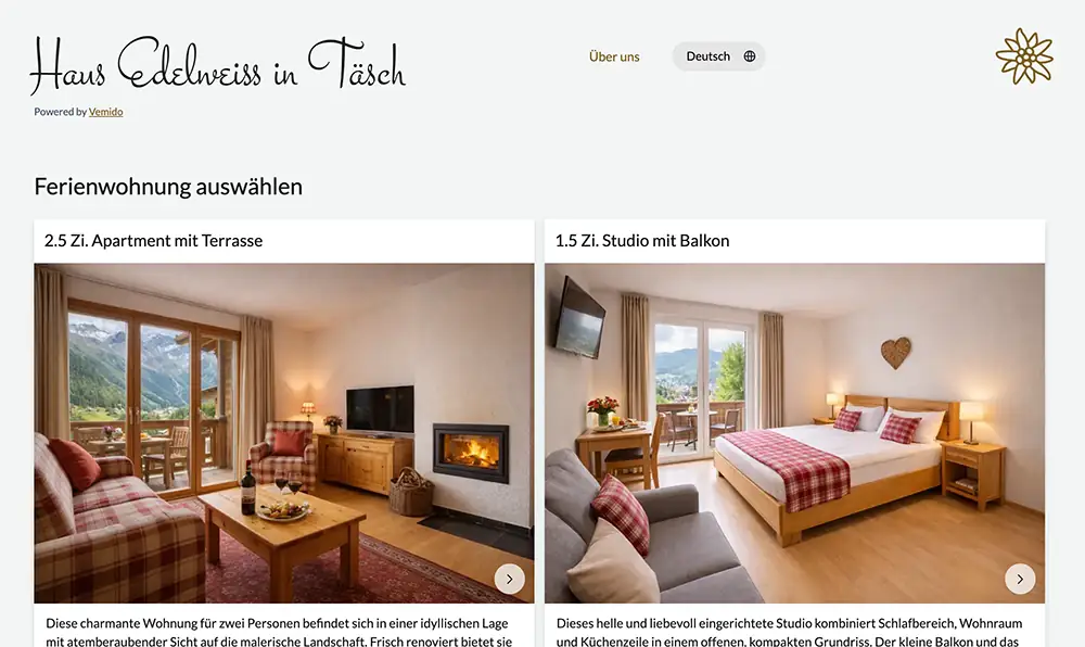 Screenshot of the model booking page for Haus Edelweiss holiday apartments with calendar and availability