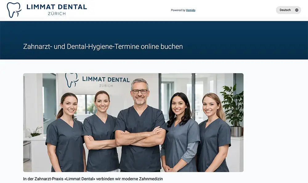Screenshot of the Limmat Dental booking page with dental treatment selection and automatic appointment distribution across multiple practitioners
