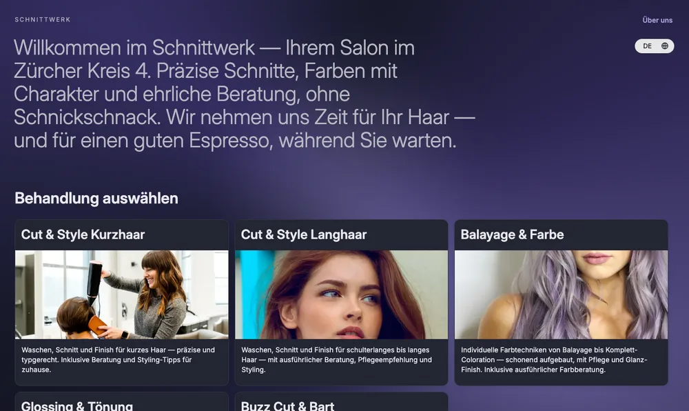 Screenshot of the Schnittwerk hair salon booking page with dark design and treatment selection
