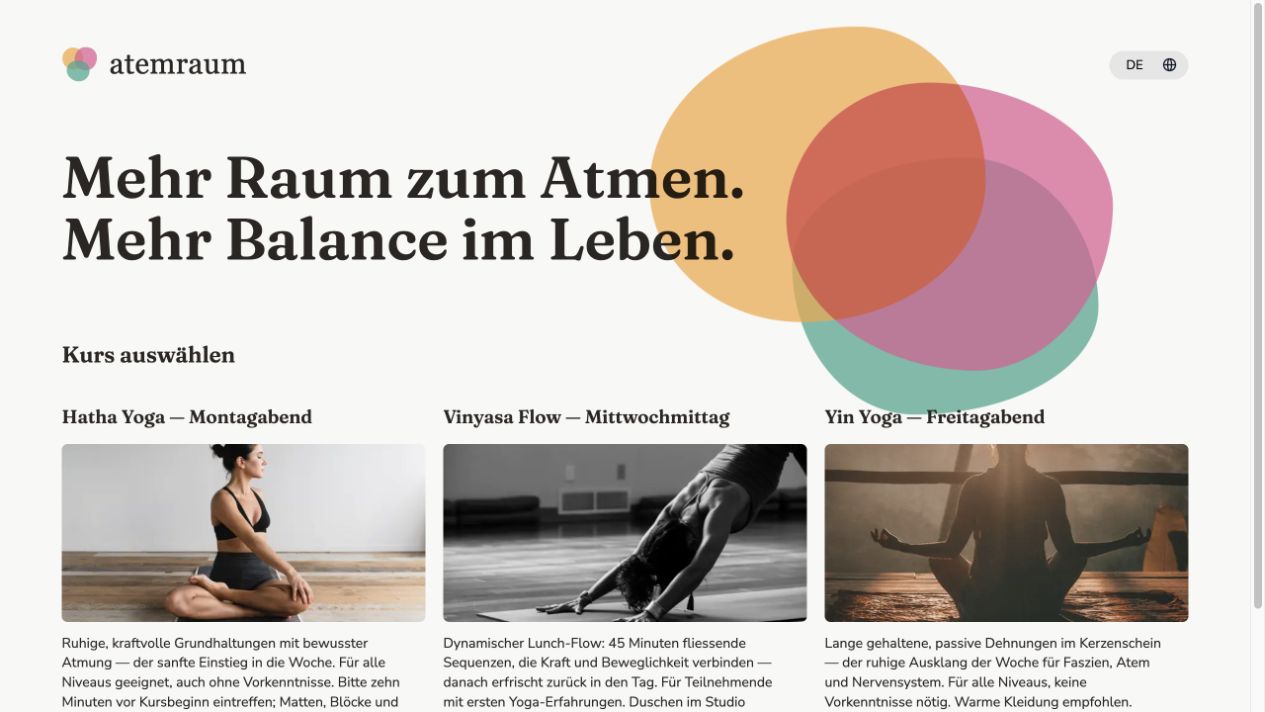 Screenshot of the Atemraum yoga booking page with colourful design, classes and fixed dates
