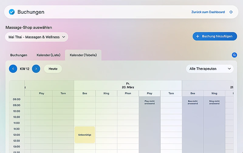 Calendar view of the booking overview in the backend